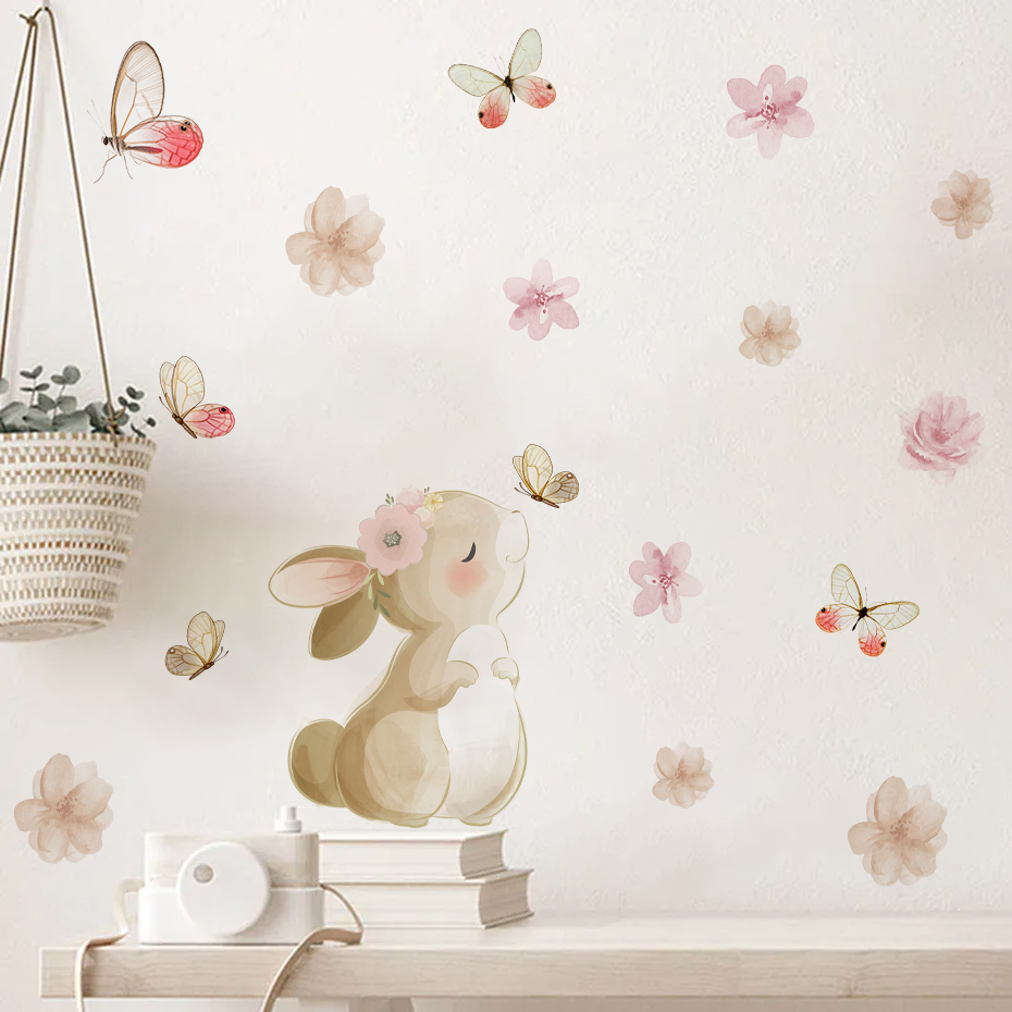 Baby Nursery Decor Girl - 만화 토끼 꽃 나비 벽 스티커