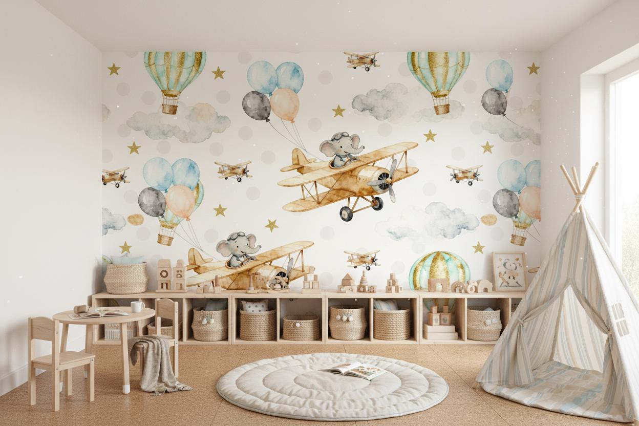 만화 동물 벽화, 어린이 방, 수채화, 사파리, 우주, - Baby Nursery Peel And Stick Wallpaper 리뷰 및 가격
