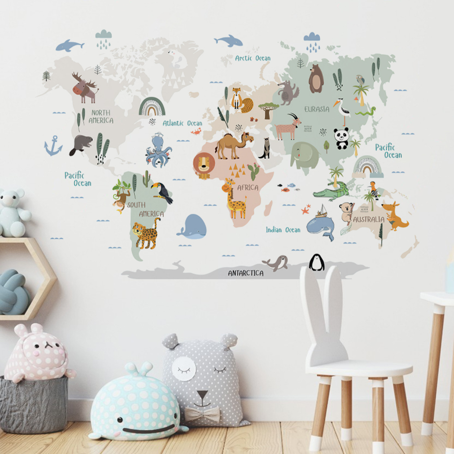 수채화 만화 세계지도 벽 스티커, 동물, 야생 동물,  - Baby Nursery Decor Girl 리뷰 및 가격